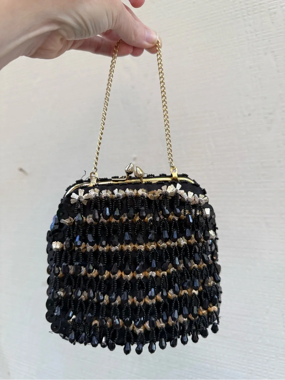 Vintage 1960s Delill Hong Kong Handmade Beaded Bag Black